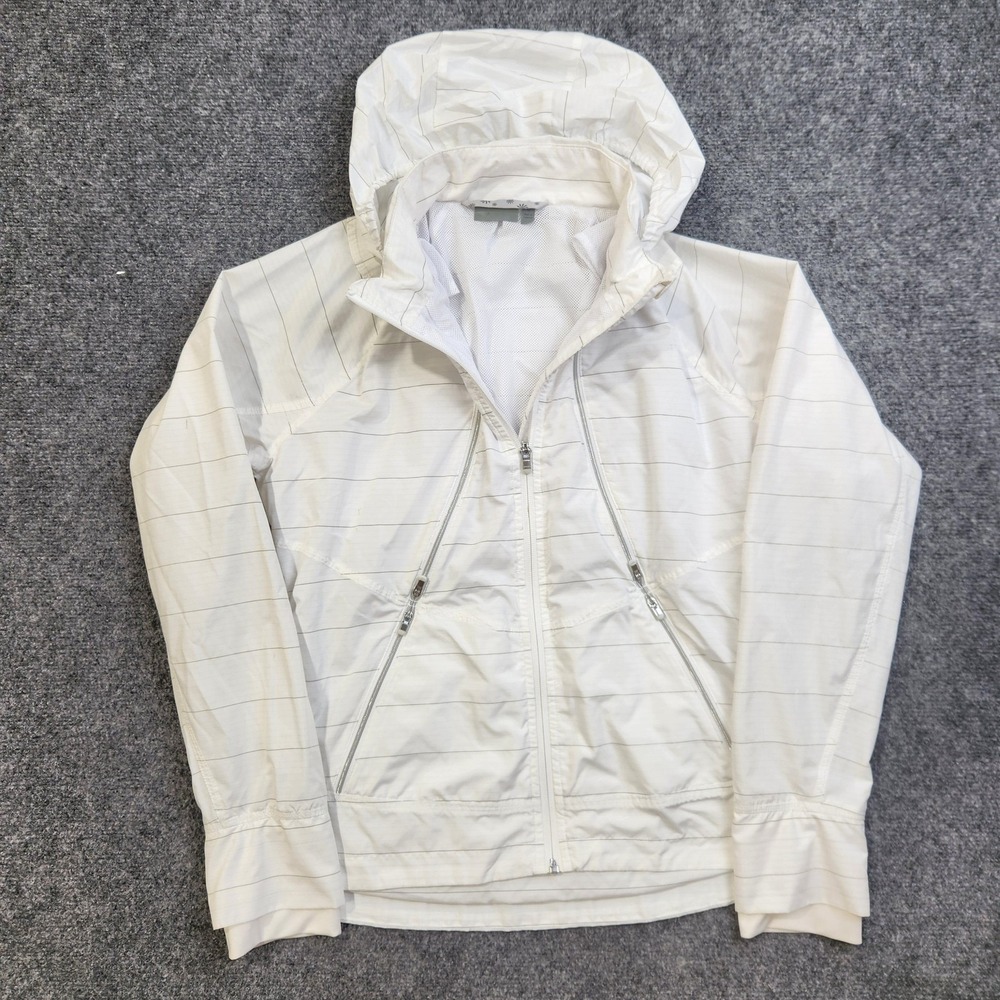 Athleta Jacket Womens Medium White Hooded Windbreaker Striped Lightweight Zip